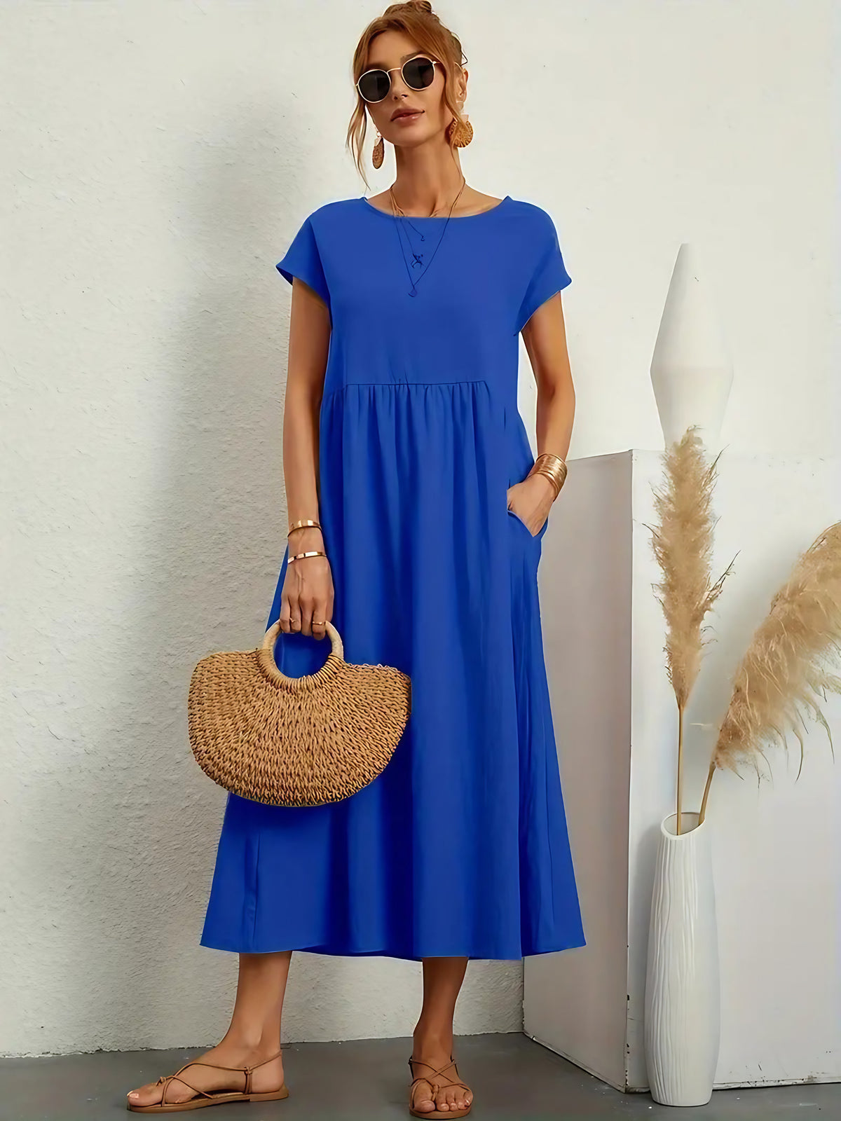 Robe longue fluide femme à poches, dix coloris, du S au 2XL, bleu
