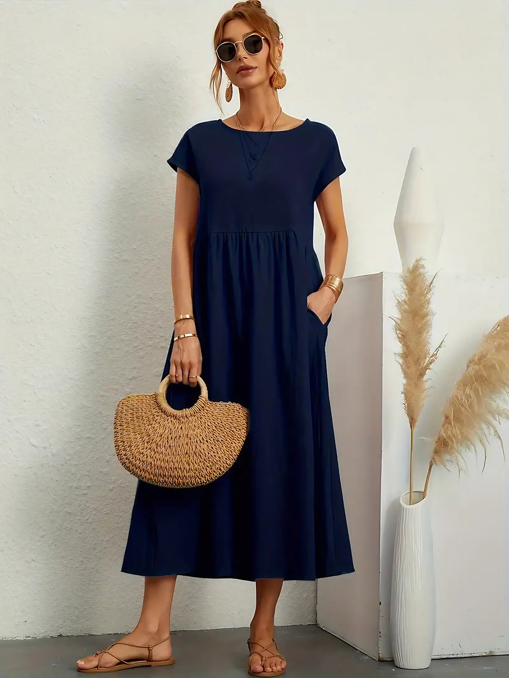 Robe longue fluide femme à poches, dix coloris, du S au 2XL, bleu marine
