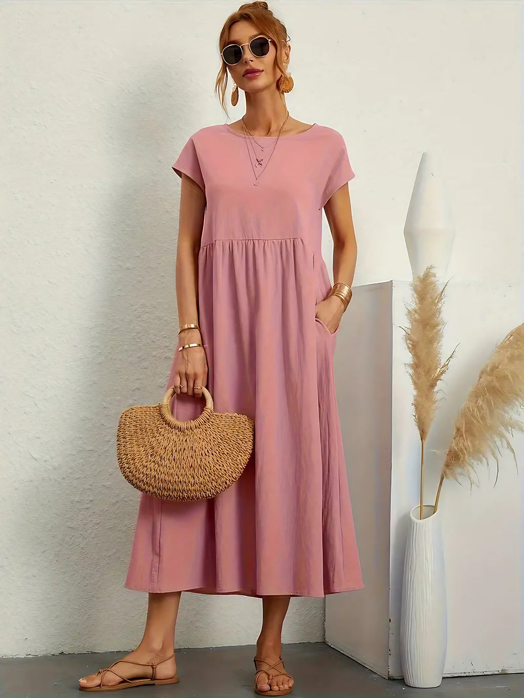 Robe longue fluide femme à poches, dix coloris, du S au 2XL, rose