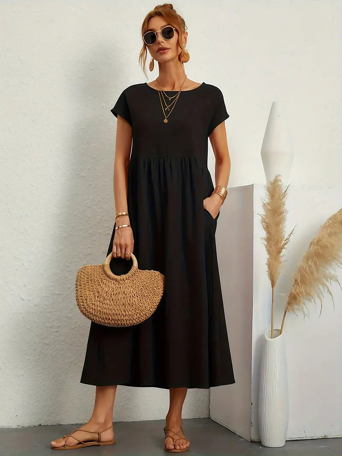 Robe longue fluide femme à poches, dix coloris, du S au 2XL, noir