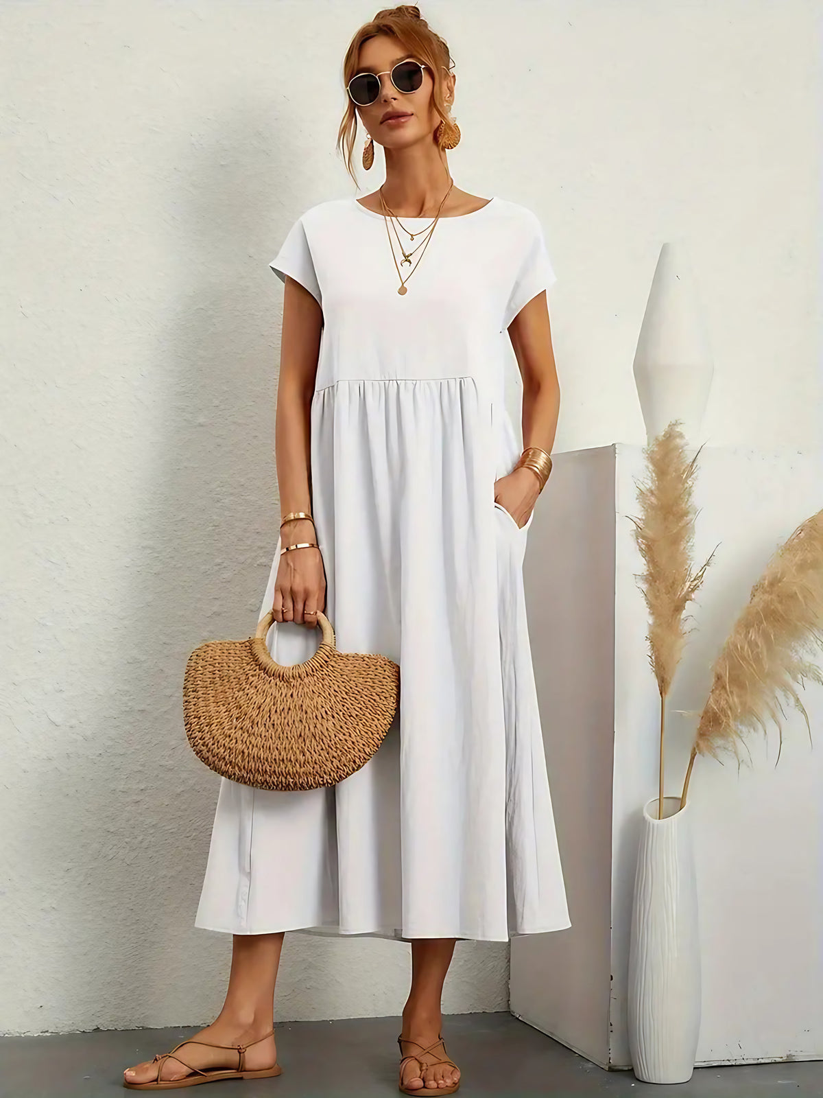 Robe longue fluide femme à poches, dix coloris, du S au 2XL, blanc