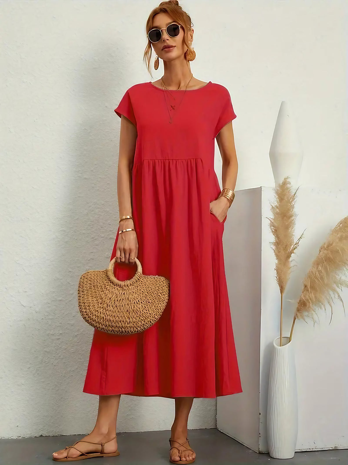 Robe longue fluide femme à poches, dix coloris, du S au 2XL, rouge