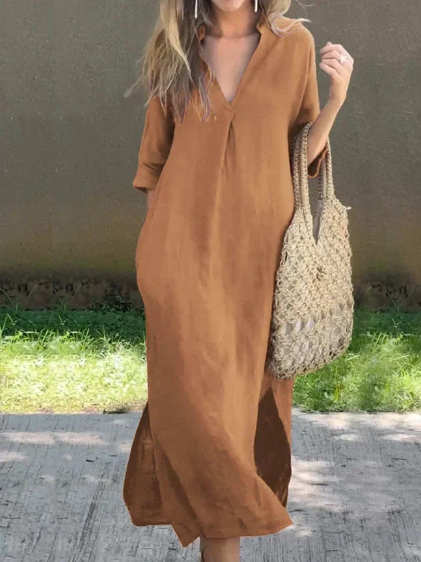 Robe longue unie femme à col V et poches, cinq coloris, kaki