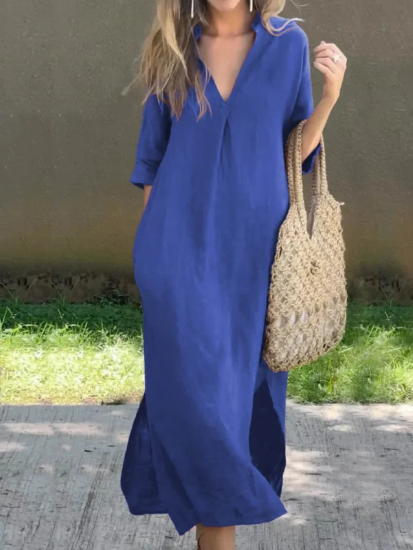 Robe longue unie femme à col V et poches, cinq coloris, bleu