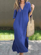 Robe longue unie femme à col V et poches, cinq coloris, bleu