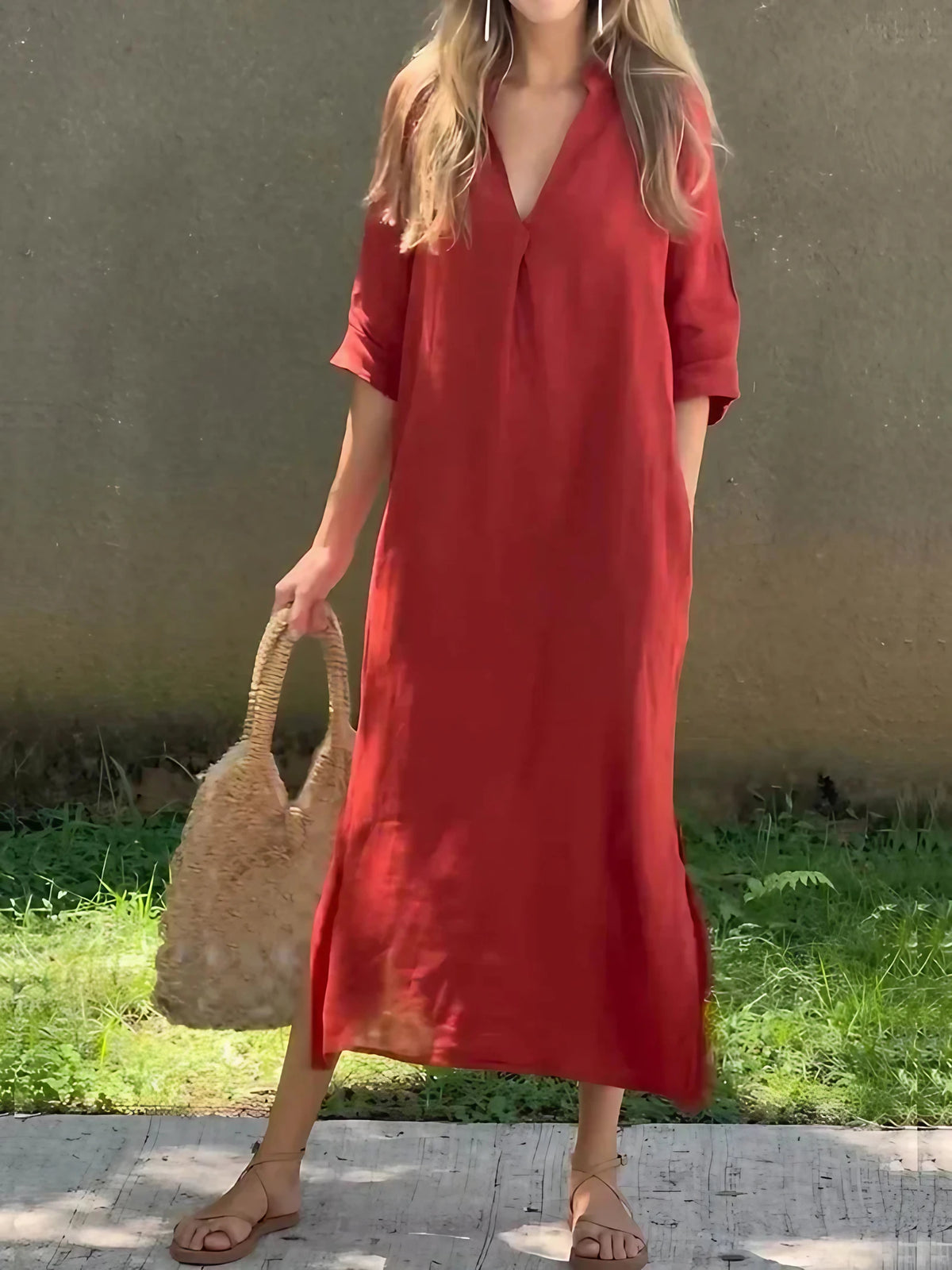 Robe longue unie femme à col V et poches, cinq coloris, rouge