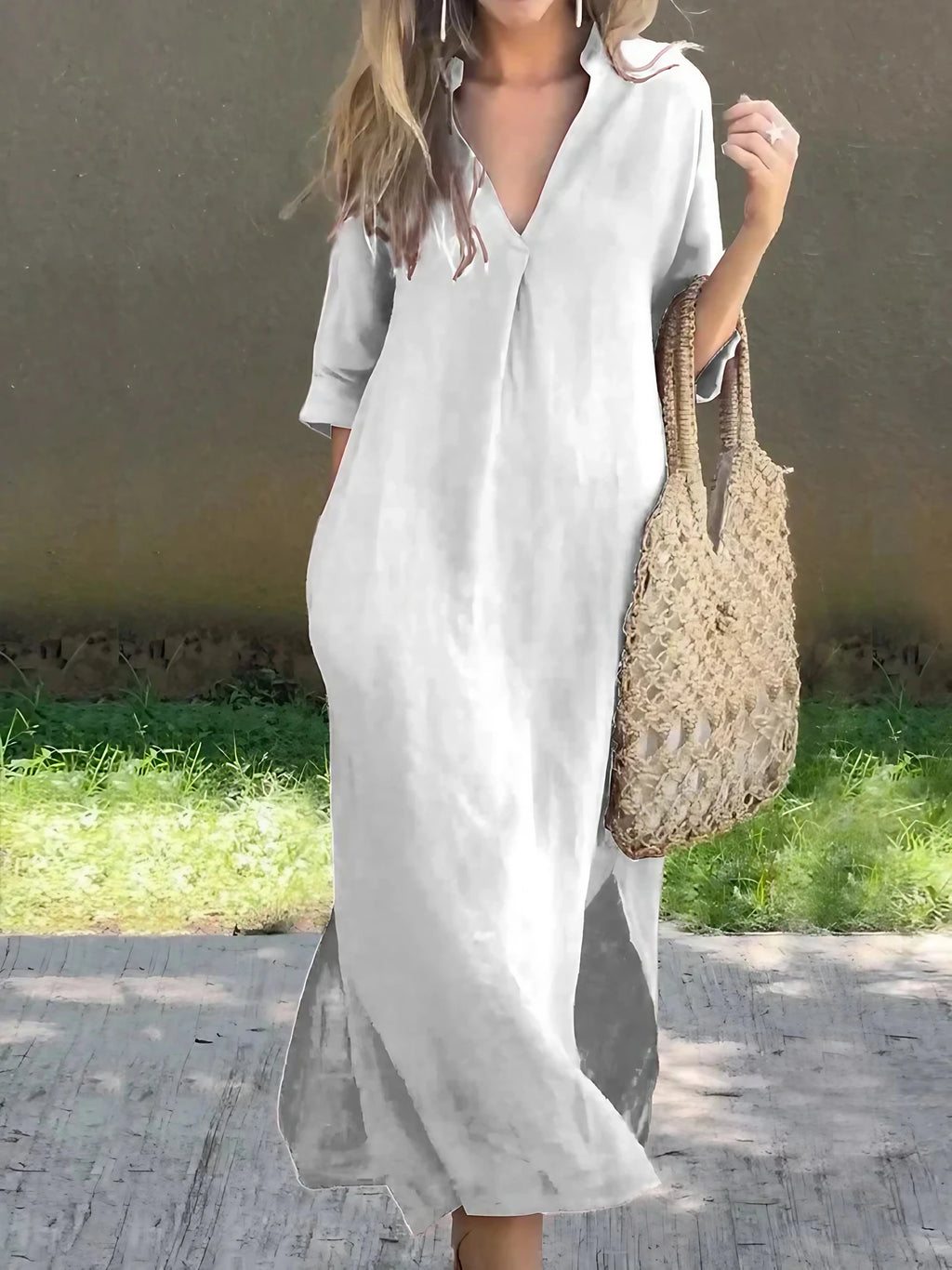 Robe longue unie femme à col V et poches, cinq coloris, blanc