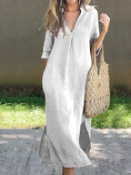 Robe longue unie femme à col V et poches, cinq coloris, blanc