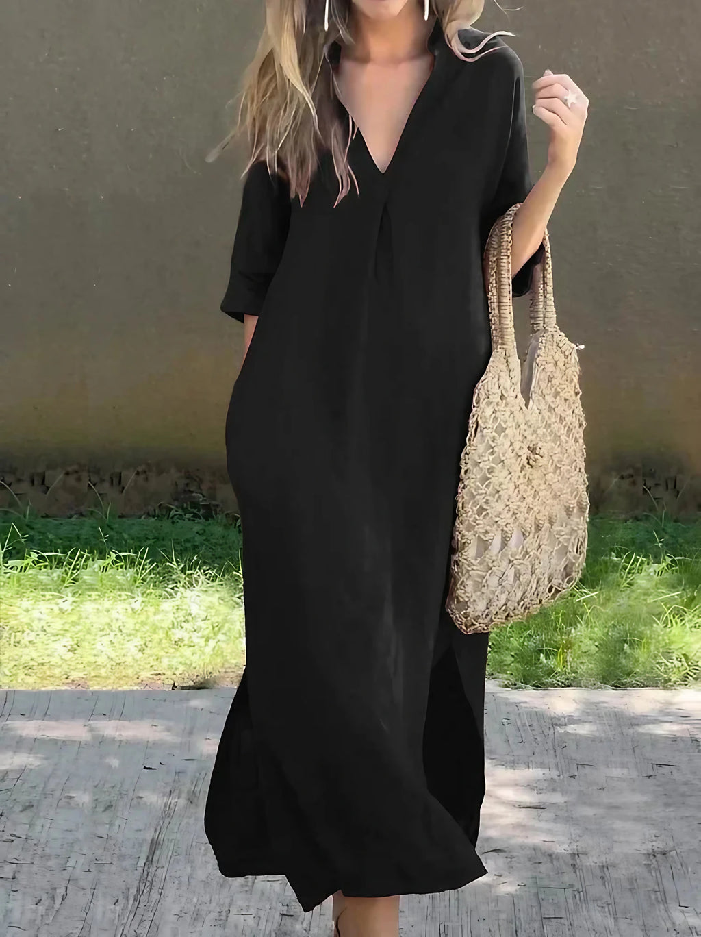 Robe longue unie femme à col V et poches, cinq coloris, noir