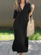Robe longue unie femme à col V et poches, cinq coloris, noir
