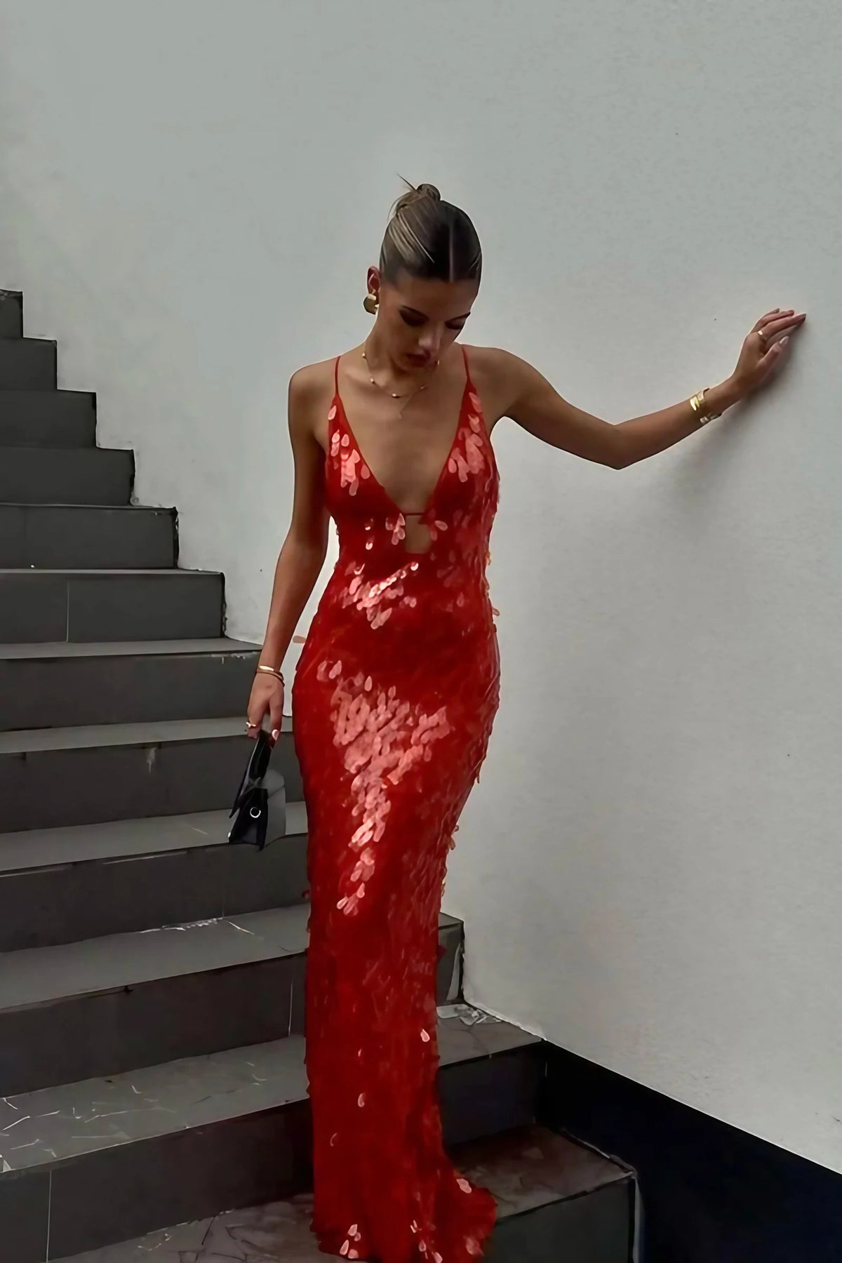 Robe longue à paillettes rouge, dos nu, coupe ajustée, rouge