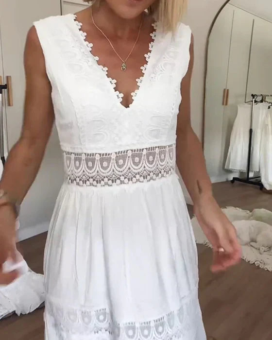 Robe longue blanche bohème en dentelle, col V, du XS au 3XL