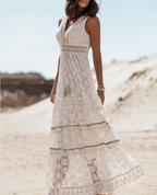 Robe longue bohème femme à manches courtes, beige ou blanche
