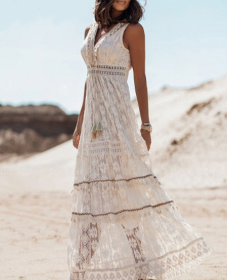 Robe longue bohème femme à manches courtes, beige ou blanche