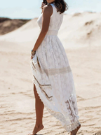 Robe longue bohème femme à manches courtes, beige ou blanche