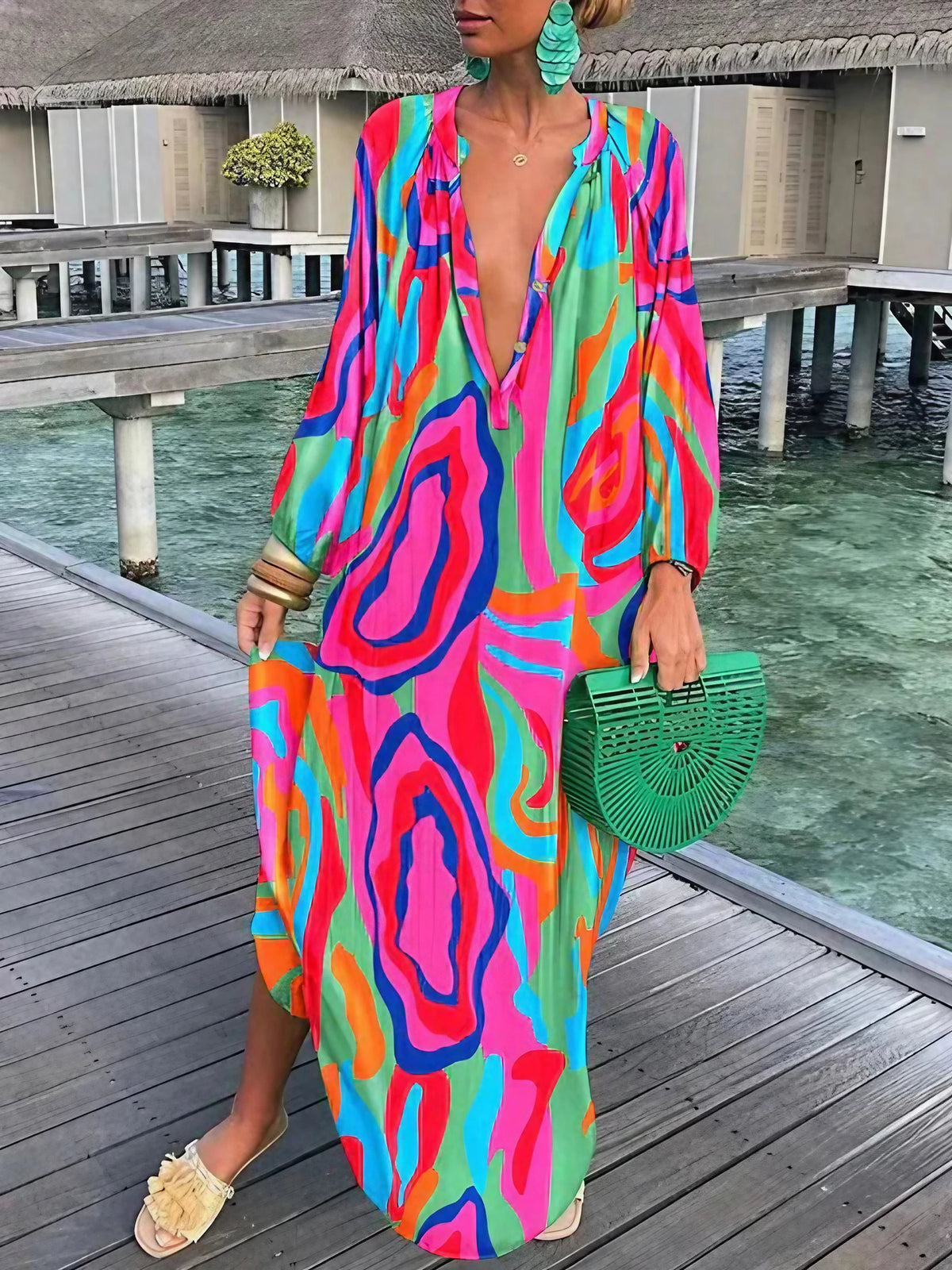 Robe longue bohème femme col V, manches longues, six coloris, fleuri