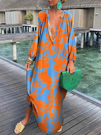 Robe longue bohème femme col V, manches longues, six coloris, orange