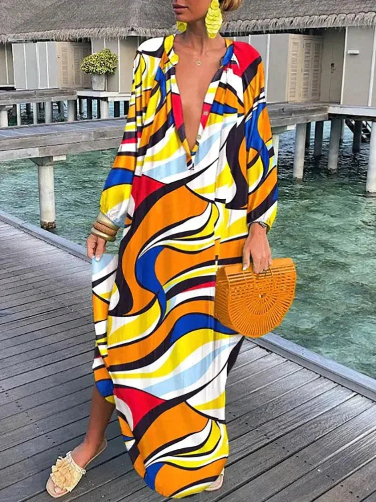 Robe longue bohème femme col V, manches longues, six coloris, jaune