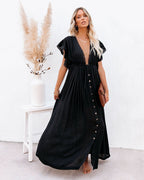 Robe bohème longue à col V boutonné et lien à la taille
