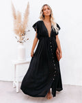 Robe bohème longue à col V boutonné et lien à la taille, noir