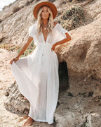 Robe bohème longue à col V boutonné et lien à la taille, blanc