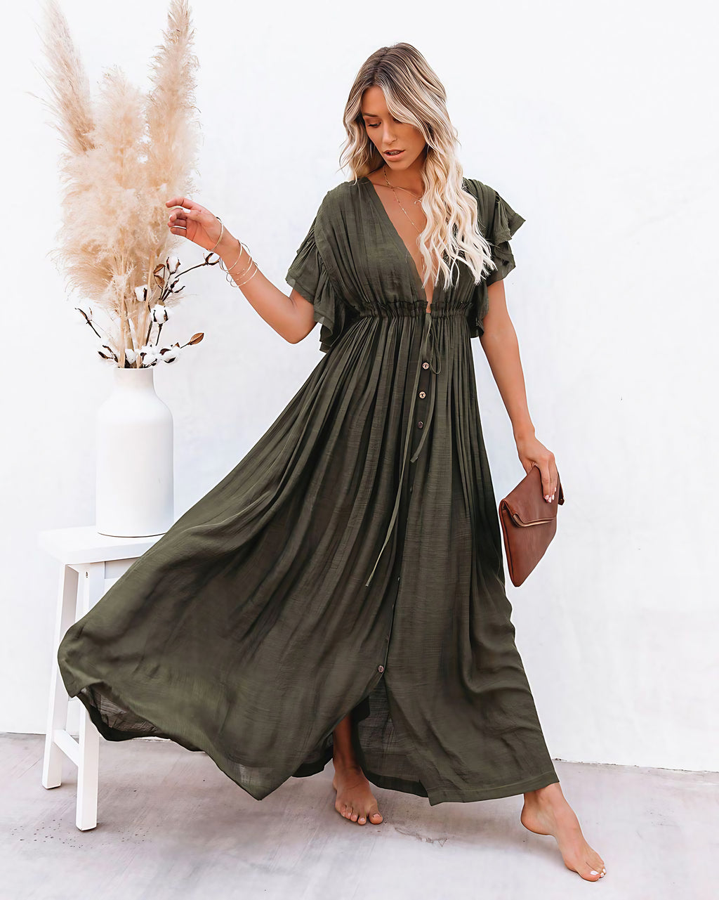 Robe bohème longue à col V boutonné et lien à la taille, vert armée