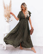 Robe bohème longue à col V boutonné et lien à la taille, vert armée
