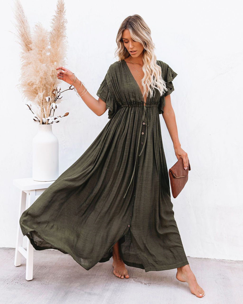 Robe bohème longue à col V boutonné et lien à la taille, vert armée