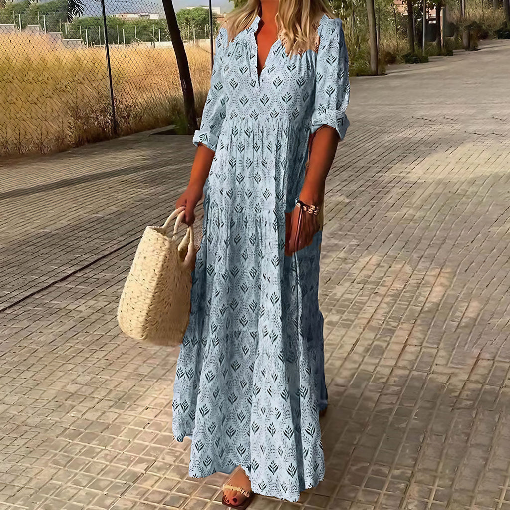 Robe bohème longue à manches 3/4 et col V, motif feuillage