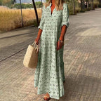 Robe bohème longue à manches 3/4 et col V, motif feuillage, vert