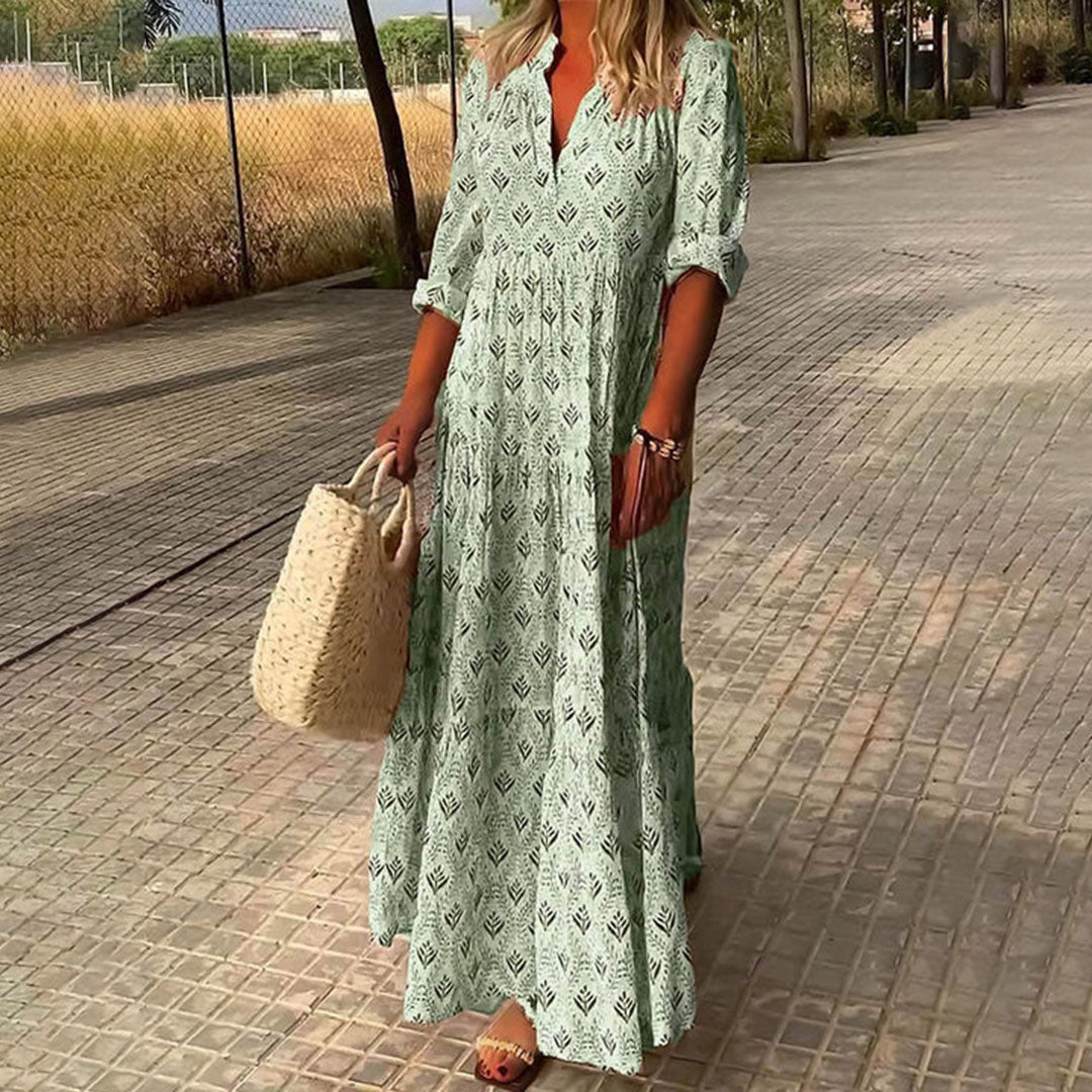 Robe bohème longue à manches 3/4 et col V, motif feuillage, vert