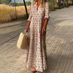 Robe bohème longue à manches 3/4 et col V, motif feuillage, rose
