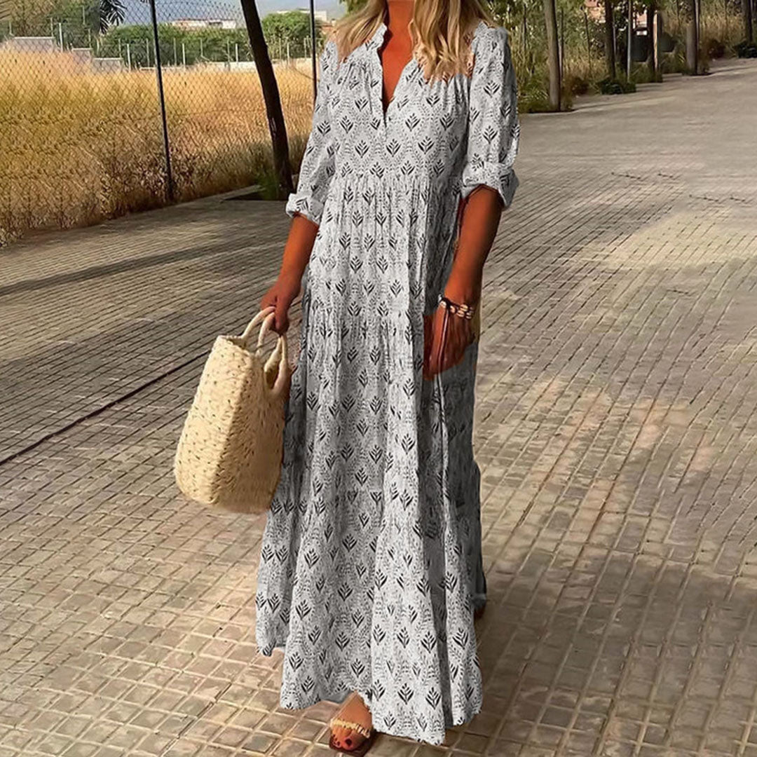 Robe bohème longue à manches 3/4 et col V, motif feuillage, gris