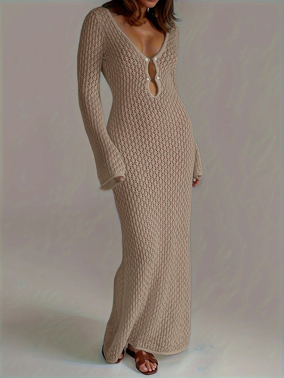 Robe longue en crochet bohème, col V, manches évasées, kaki