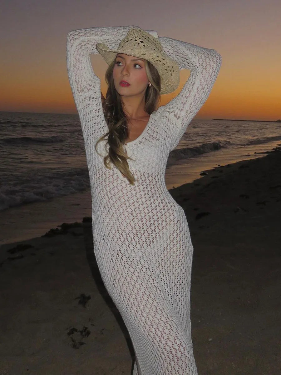 Robe longue en crochet bohème, col V, manches évasées