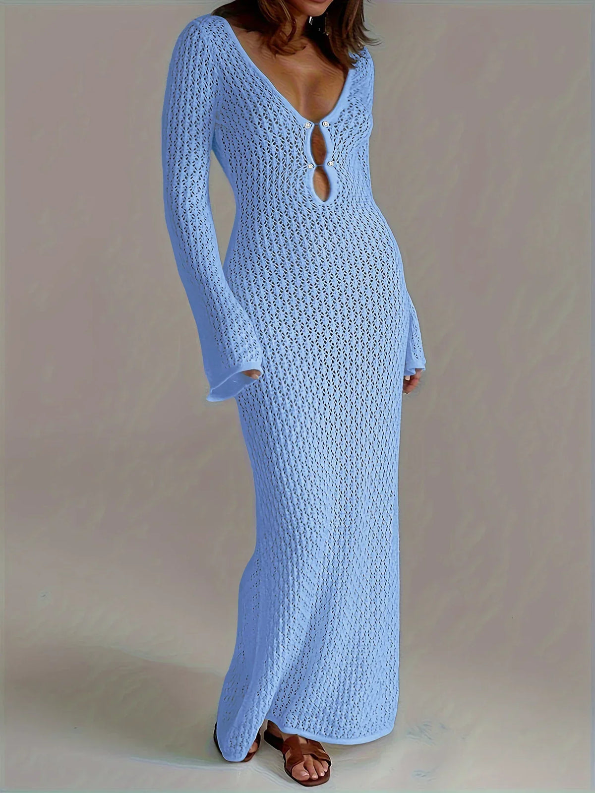 Robe longue en crochet bohème, col V, manches évasées, bleu