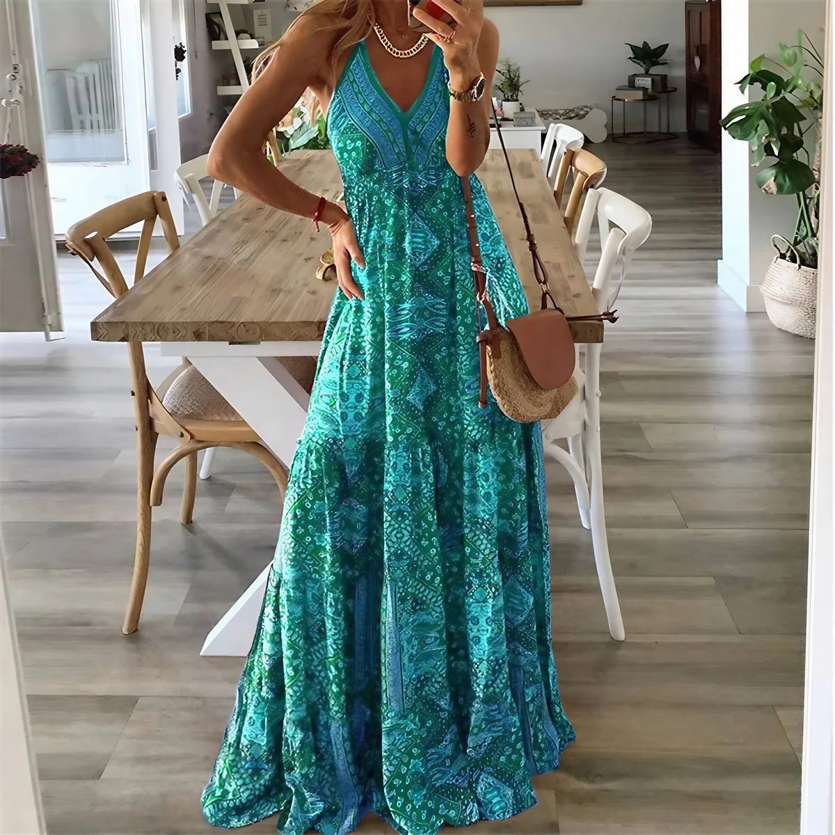 Robe longue bohème imprimée, col V croisé et dos nageur