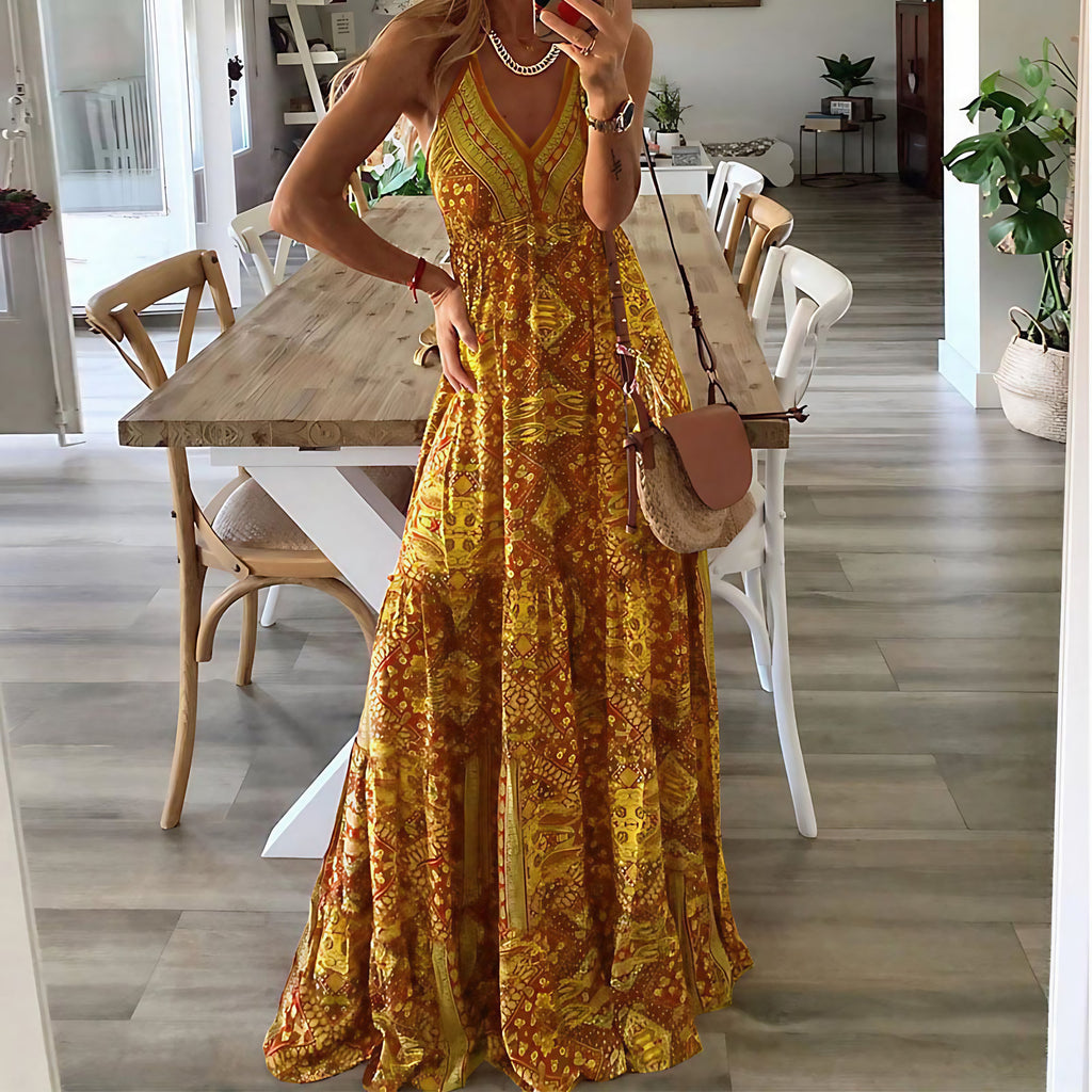 Robe longue bohème imprimée, col V croisé et dos nageur, jaune