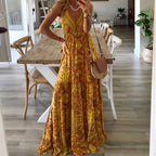Robe longue bohème imprimée, col V croisé et dos nageur, jaune
