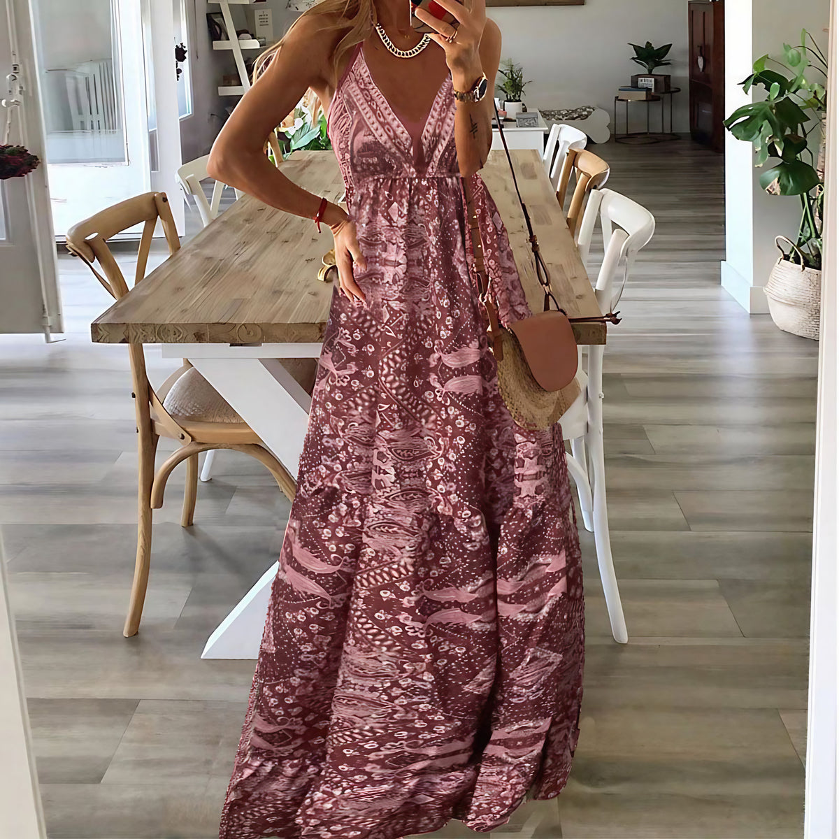 Robe longue bohème imprimée, col V croisé et dos nageur, rose