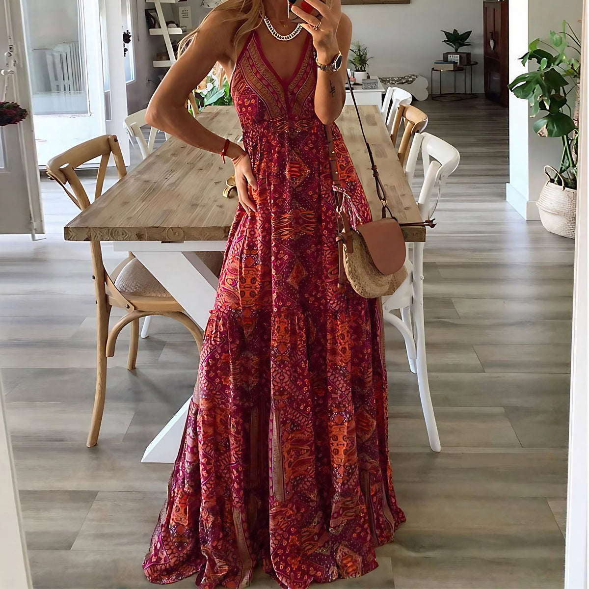 Robe longue bohème imprimée, col V croisé et dos nageur, rouge