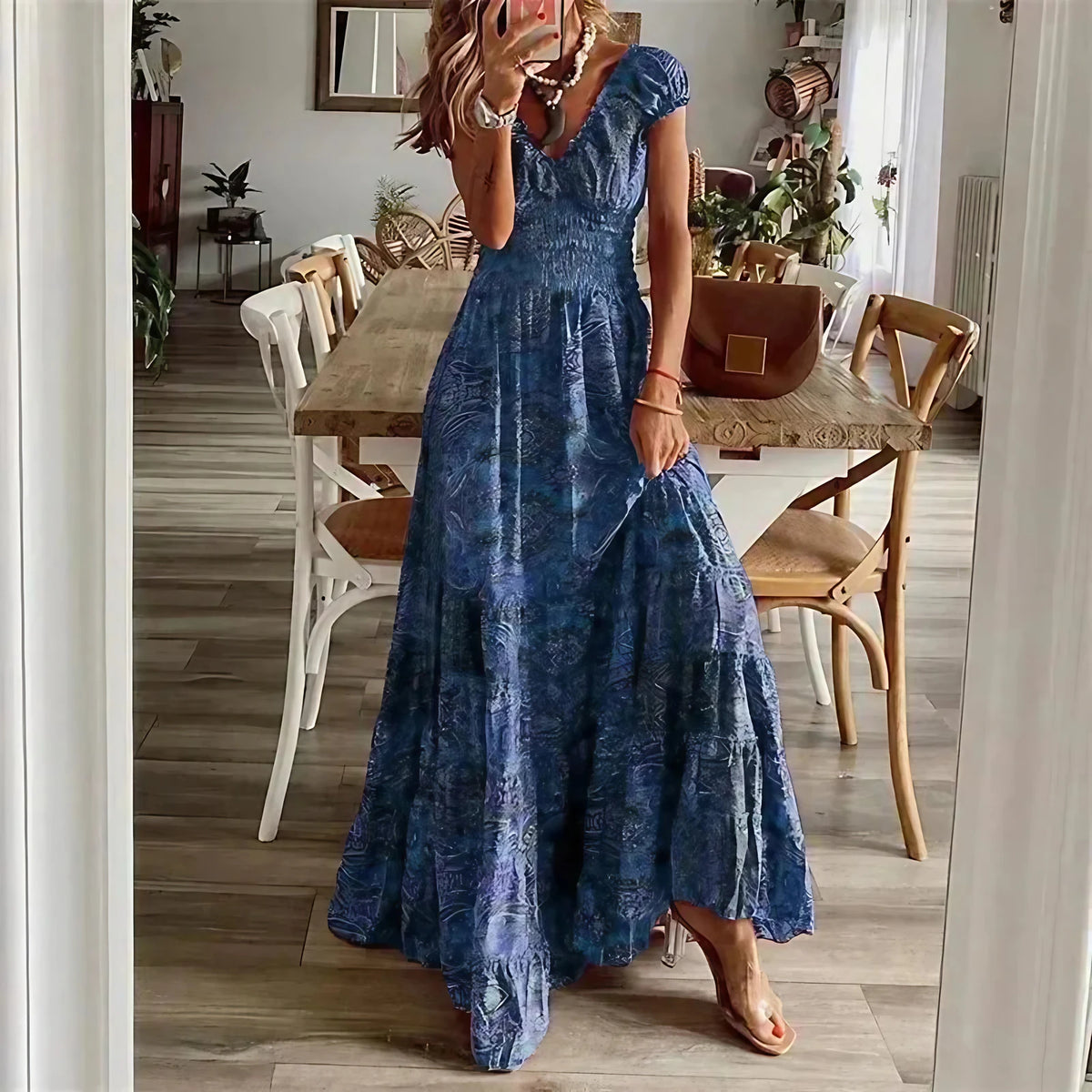 Robe longue bohème femme fluide, six coloris, du XS au 3XL, bleu