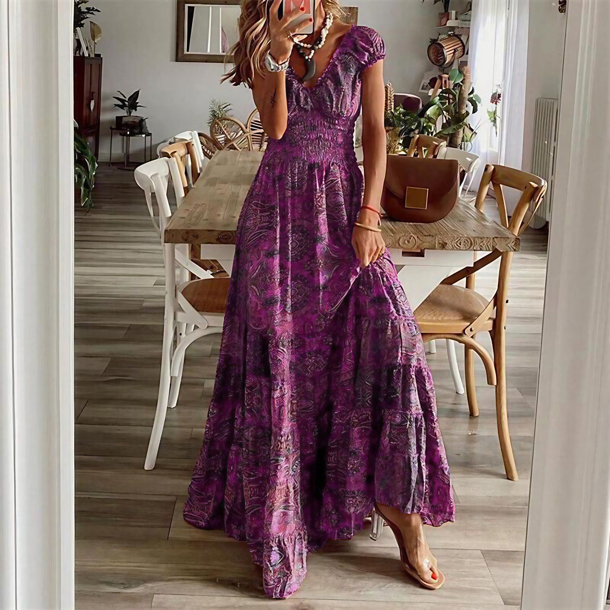 Robe longue bohème femme fluide, six coloris, du XS au 3XL, mauve