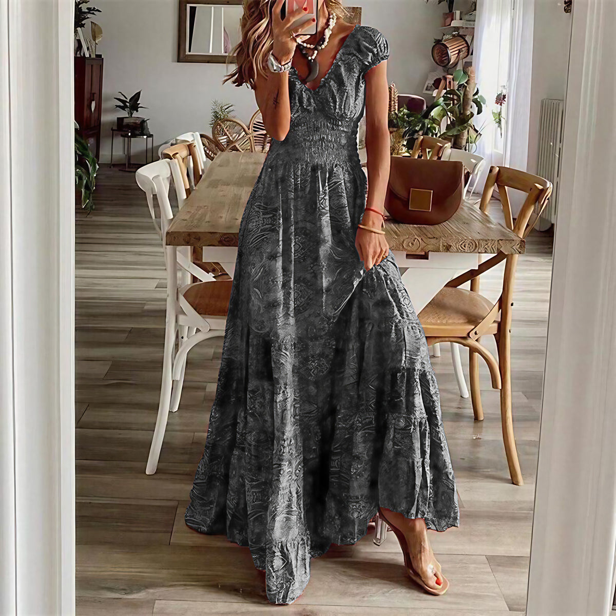 Robe longue bohème femme fluide, six coloris, du XS au 3XL, gris