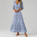 Robe longue bohème femme imprimé ikat, col V, manches 3/4, bleu