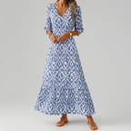 Robe longue bohème femme imprimé ikat, col V, manches 3/4, bleu