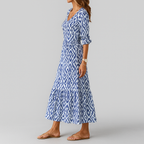 Robe longue bohème femme imprimé ikat, col V, manches 3/4