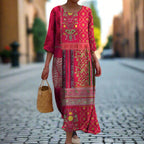 Robe longue bohème rouge à imprimé ethnique, manches 3/4