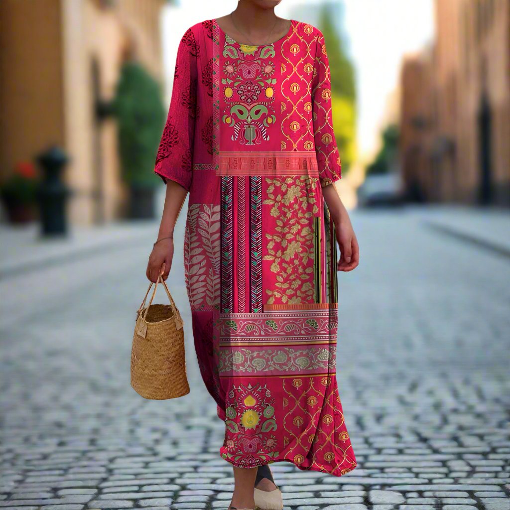 Robe longue bohème rouge à imprimé ethnique, manches 3/4