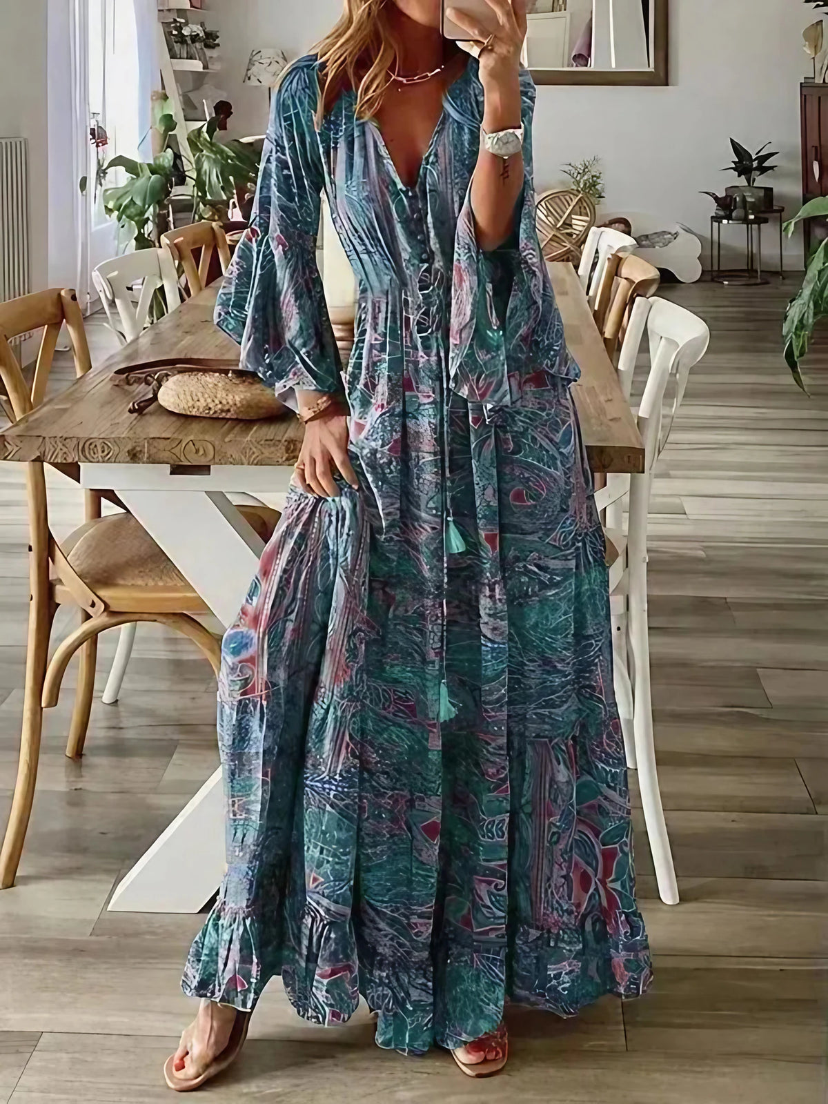 Robe longue fleurie femme à manches évasées, taille haute, bleu